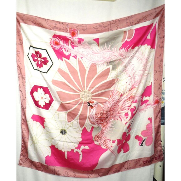 Chico's Scarf Living Beyond Breast Cancer Pink Floral Bird Satin - Picture 5 of 6